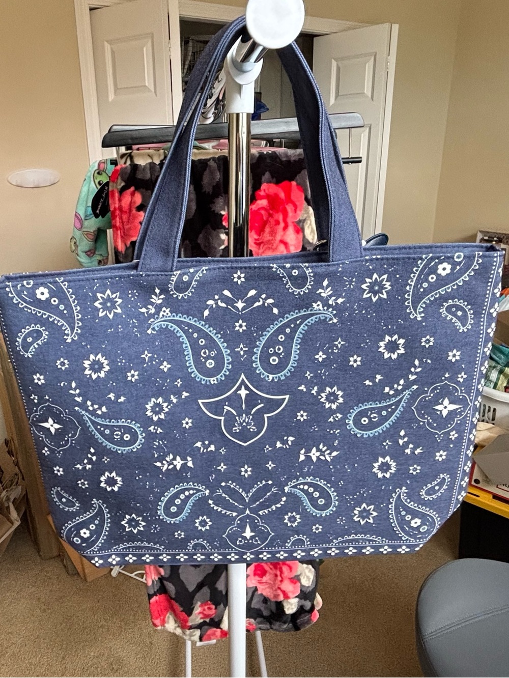 Blue Paisley Tote Bag with Butterfly Charm - Picture 3 of 4